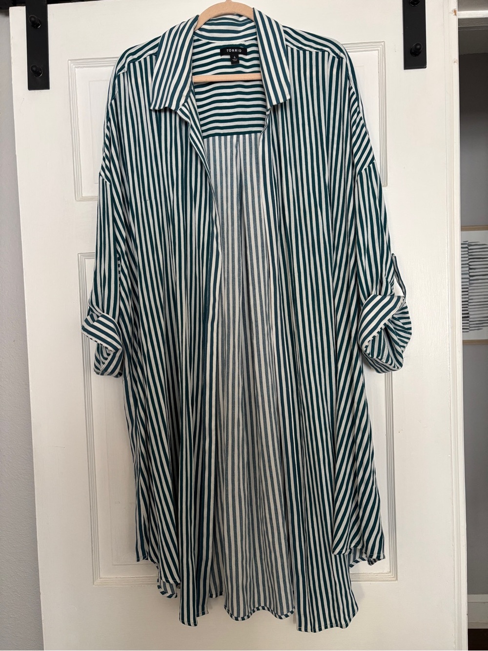 Torrid Green & White Long Sleeve Striped Duster